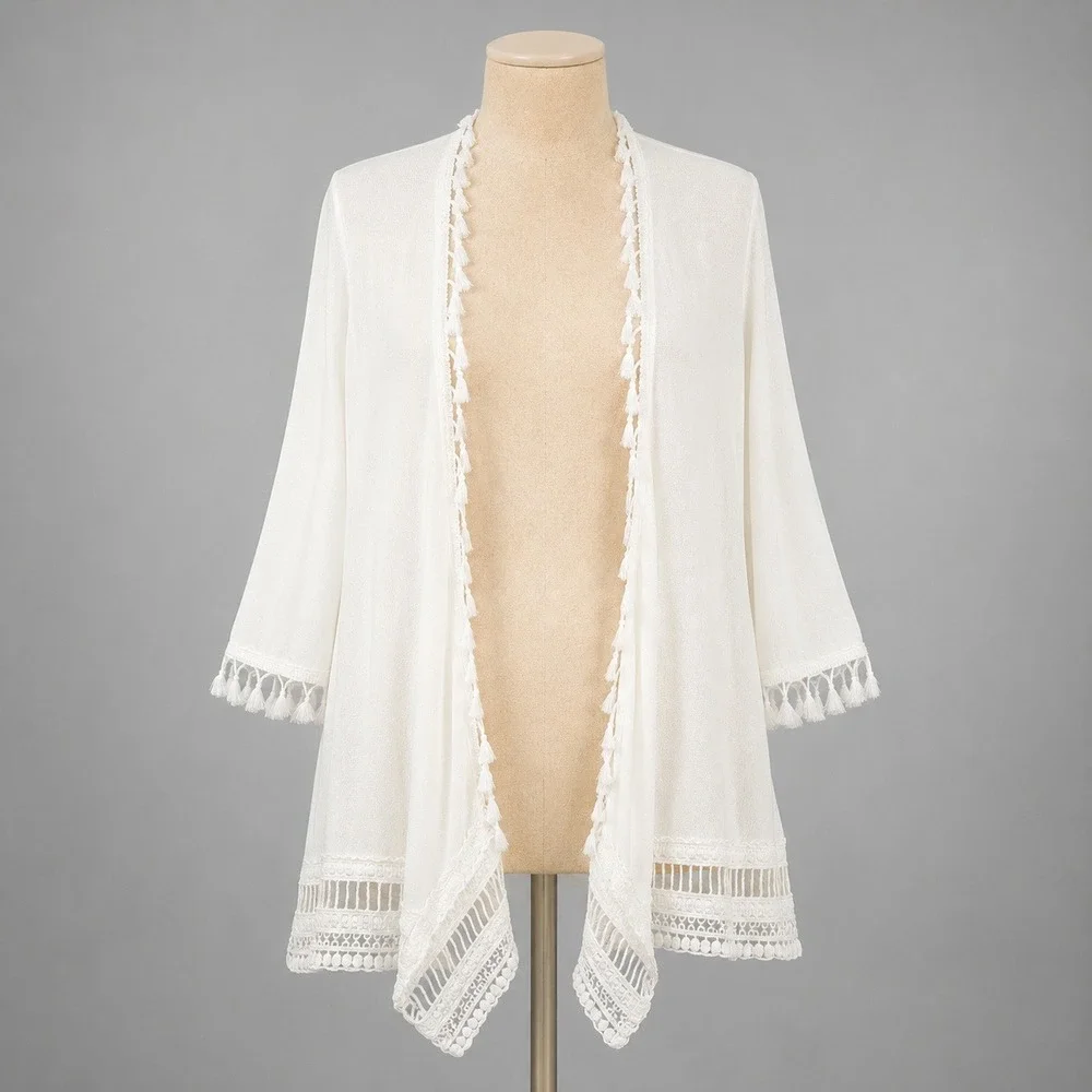 Boho Crochet Lace Tassel Fringe Open Cardigan Size S White Festival Beach Layer - Picture 1 of 9